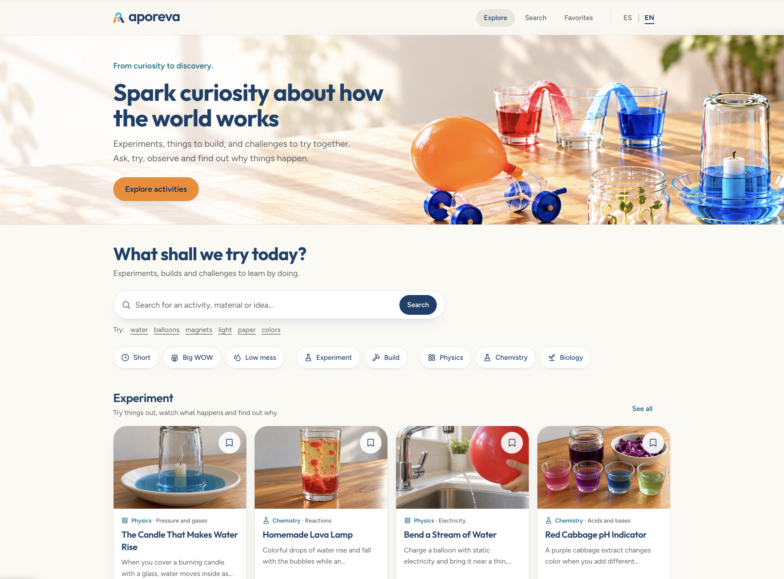 Aporeva homepage showing science activity cards and a search for family experiments