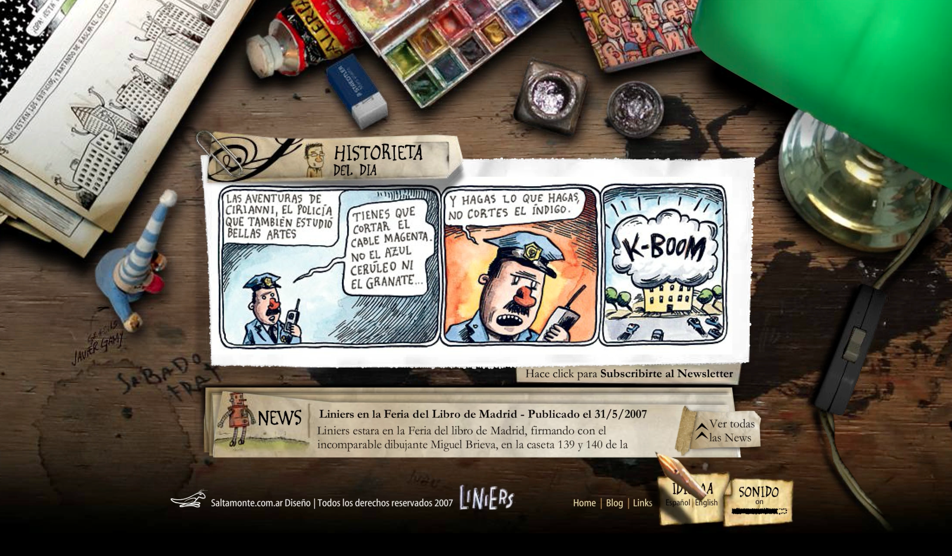 Por Liniers interactive website with a daily comic on a painted wooden desk